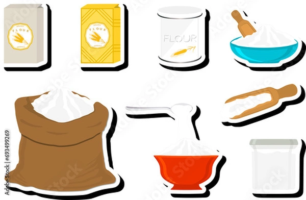 Fototapeta Illustration on theme big set different types dishware filled wheat flour