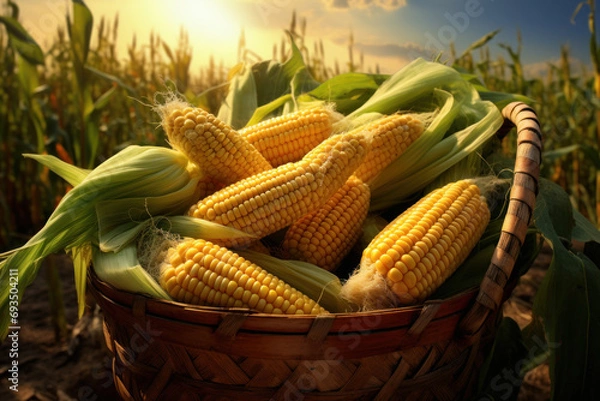 Fototapeta A basket of freshly picked corn on the cob, embodying the essence of summer and the joy of seasonal abundance. Concept of golden corn jubilation. Generative Ai.