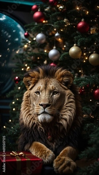 Fototapeta A lion in front of a christmas tree
