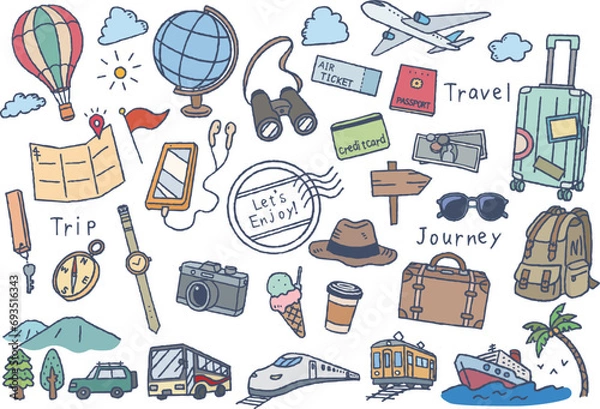 Obraz 手書き　旅行　トラベル　イラストセット