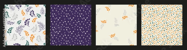 Fototapeta Set of abstract square seamless pattern tiny branches leaves, sketch drops, lines, striped, random dots. Trendy vector hand drawn sketch simple colorful background textured. Design for fabric, fashion