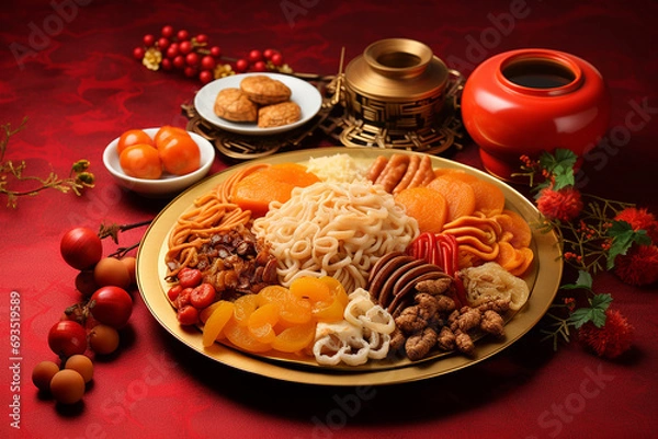 Fototapeta Concept picture for Chinese new year table set up and traditional Chinese dishes on red background with Chinese word means fortune.
