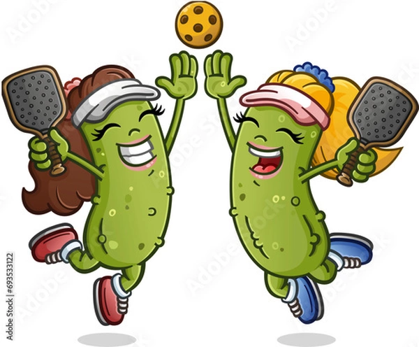 Obraz Two pickle girl cartoon characters jumping and giving an enthusiastic high five and holding rackets after winning the big pickleball match against some heated rivals