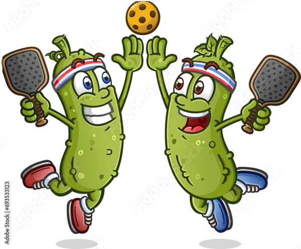 Obraz A couple pickle cartoon teammates jumping and giving an enthusiastic high five and holding rackets after winning the big pickleball match against some heated opponents