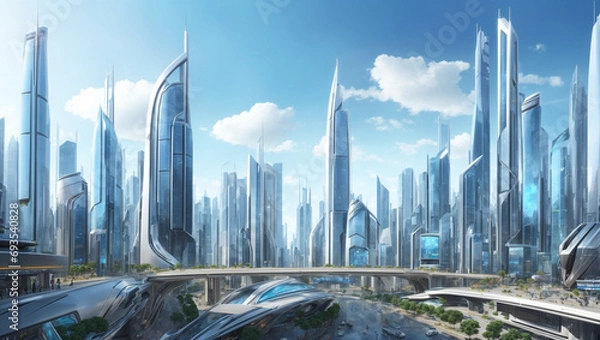 Obraz A futuristic city landscape, shinny, wallpaper, generative ai