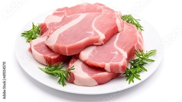 Fototapeta Raw pork meat slices piled on a plate, isolated on white background