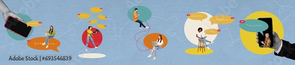 Fototapeta Composite artwork collection collage of digital communications modern people chatting texting always online isolated on blue background