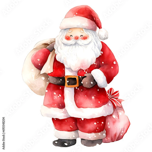 Fototapeta Santa Claus Character with White Beard and Red Hat Carrying Sack with Christmas Presents and Standing. , painting style