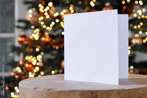 Fototapeta Standing blank empty square greeting card mock up before a blurred christmas tree with copy space. For use as a Christmas, background template.    