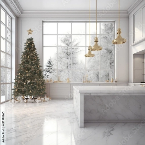 Obraz Empty White Marble Surface And Blurred Kitchen With Christmas Tree