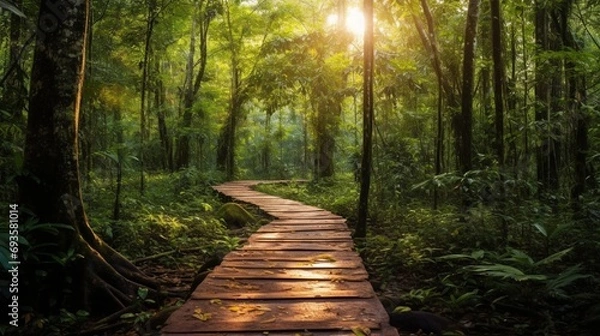 Fototapeta Path way through the autumnal forest natural way concept, road to the tropical forest nature field, relaxing with ecological environment, use for spa and freedom lifestyle concept