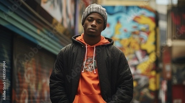 Obraz Portrait of a young African American man in urban setting for fashion and lifestyle concepts
