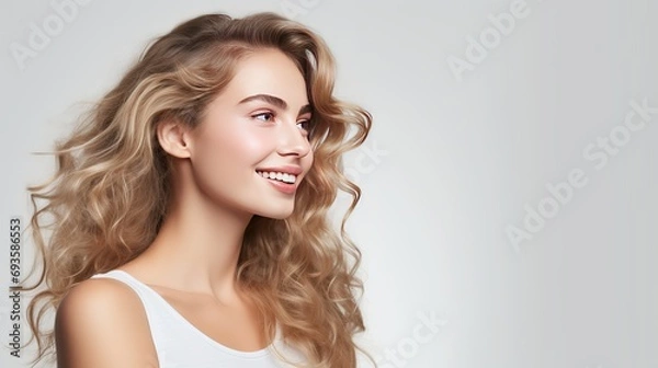 Fototapeta In this portrait, a cheerful young woman stands in profile with her head turned to the camera and a joyful smile on her face. she has white teeth and is standing against a white background.