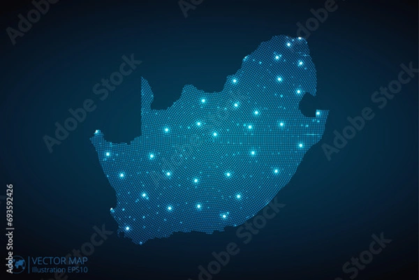 Fototapeta South Africa map radial dotted pattern in futuristic style, design blue circle glowing outline made of stars. concept of communication on dark blue background. Vector illustration EPS10