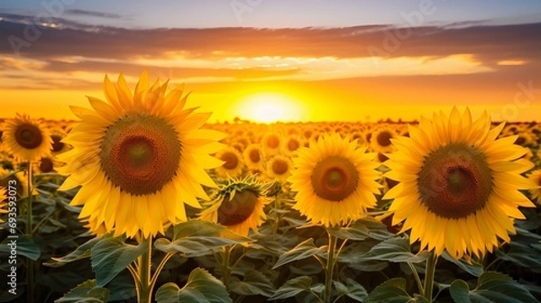 Fototapeta At sunset in the summer, there is a sunflower field