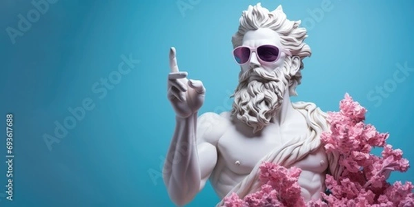 Fototapeta White sculpture of Poseidon wearing fancy sunglasses with pink flowers with his index finger raised up on a blue background.