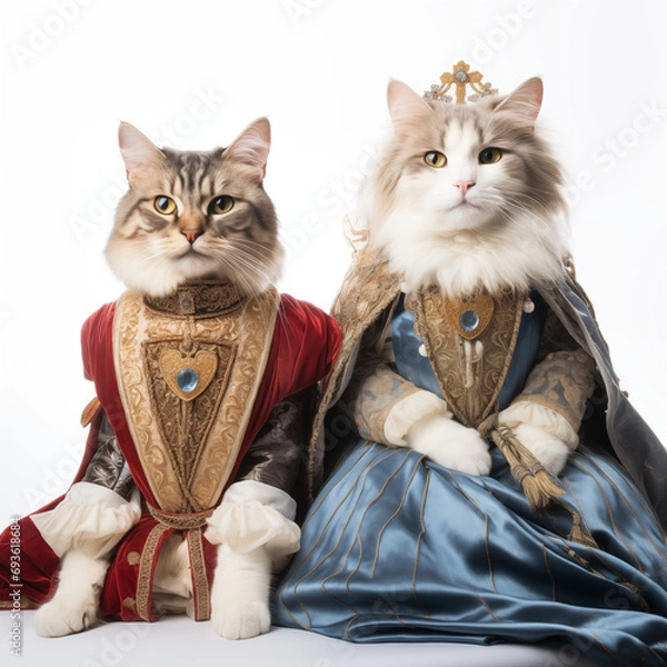 Obraz two cats on a white background sitting in a royal robe