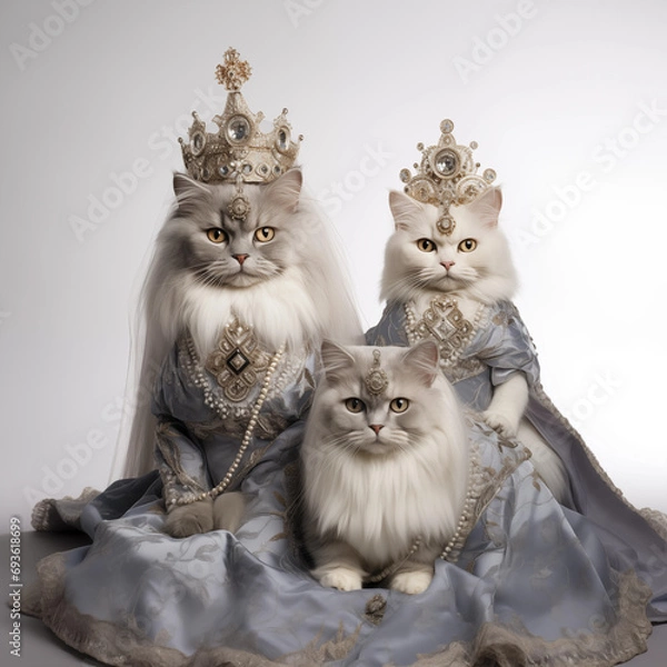 Obraz three cats on a white background sitting in a royal robe