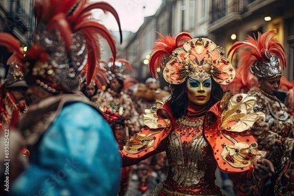 Fototapeta Festival participants dressed up in carnival costume and mask with confetti and streamers at the carnival event having fun, dancing and singing