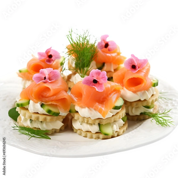 Fototapeta Canapes with smoked salmon and cream cheese isolated on transparent background Generative AI	