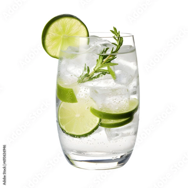 Fototapeta Gin tonic with sliced lime in glass isolated on transparent background Generative AI	