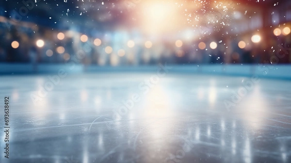 Fototapeta Closeup of the empty skating rink with blurry bokeh lights. Festive background, scratched surface of the ice skating arena with skate marks. Christmas holidays theme. Copy space.