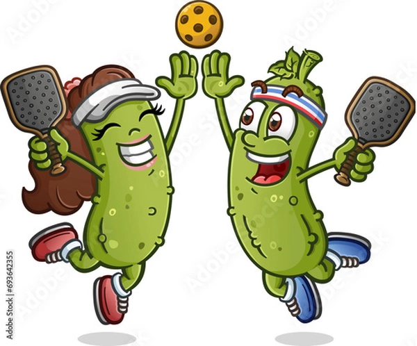 Obraz A cute pickle cartoon couple out on a date night to the pickleball courts leaping in the air and giving a big enthusiastic high five to celebrate a team victory on the court