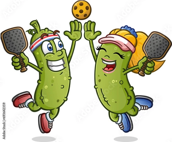 Obraz A cute pickle cartoon couple out on a date night to the pickleball courts leaping in the air and giving a big enthusiastic high five to celebrate a team victory on the court