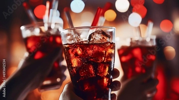 Fototapeta New Year's Eve Party, People holding coke drinks while dancing ,with blurred background