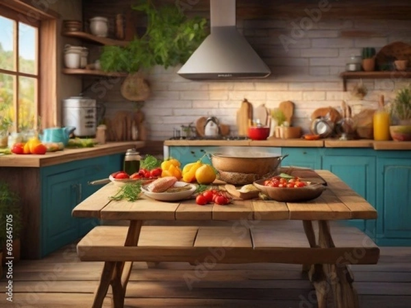 Fototapeta woman cooking in the kitchen, interior kitchen