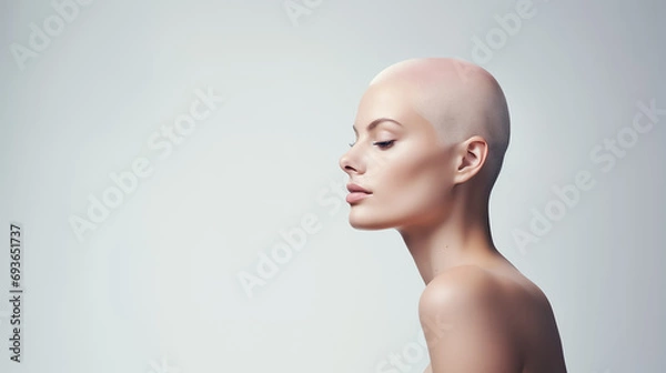 Obraz Beautiful young woman with bald head after chemotherapy on isolated white background, World Cancer Day.