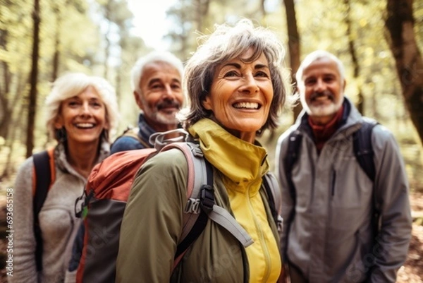 Fototapeta Portrait of diverse senior hikers taking selfie in woods