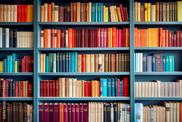 Obraz Books in different genres and colors on a stylish bookshelf. Generative AI