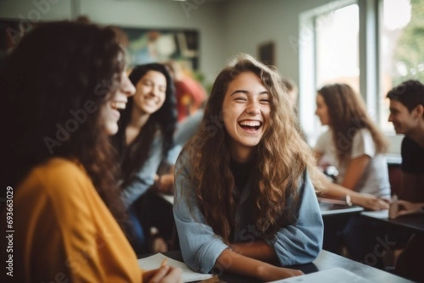 Fototapeta Happy diverse high school students talking in class