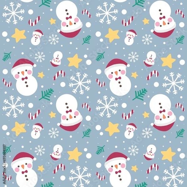 Fototapeta Christmas snowman candy star and snowflake seamless pattern
