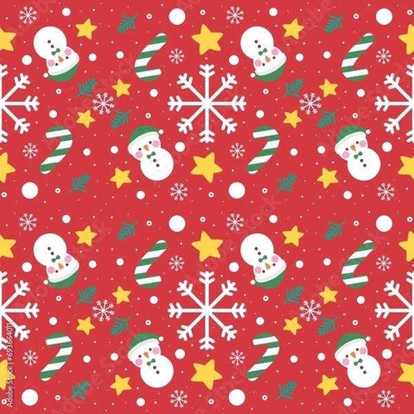 Fototapeta Christmas snowman candy star and snowflake seamless pattern