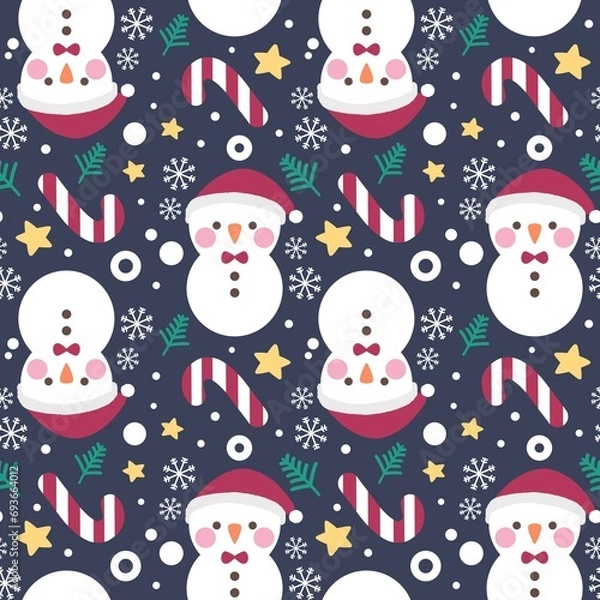 Fototapeta Christmas snowman candy star and snowflake seamless pattern