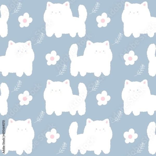 Fototapeta White fluffy kitty cat and flowers pattern on the pastel background	