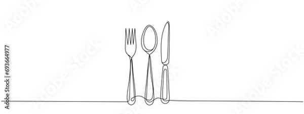 Obraz Continuous one line drawing. restaurant logo. knife, fork and spoon. Drawing by hand on a sign or business cards in a cafe. Black and white vector illustration.