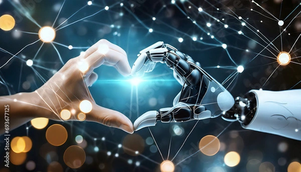 Obraz main de robot et d'homme en forme de cœur, concept IA, technologie, intelligence