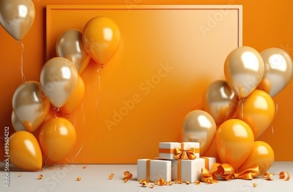 Fototapeta an orange background with a frame and balloons