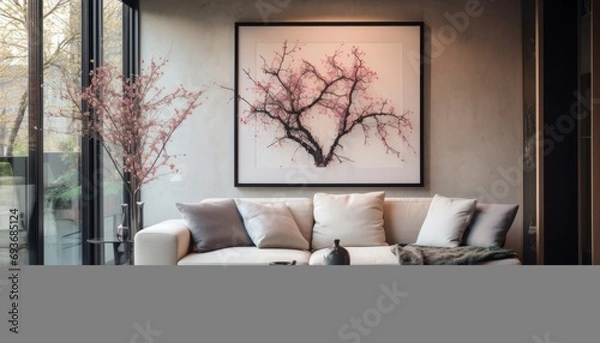 Fototapeta Modern living room interior with stylish black color palette and captivating wall art