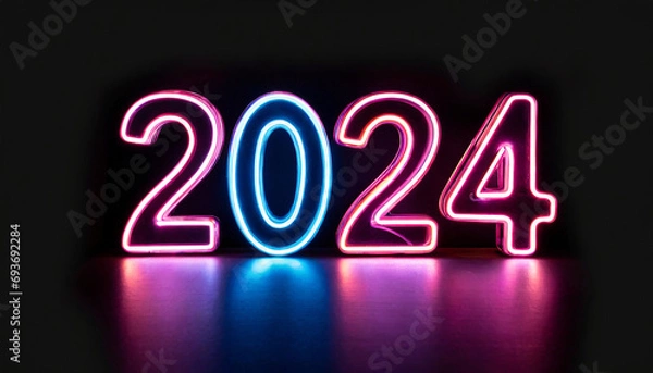 Fototapeta 2024 text made in neon on pure black background