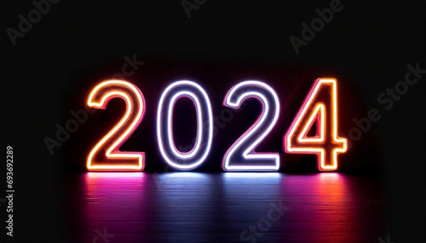 Fototapeta 2024 text made in neon on pure black background