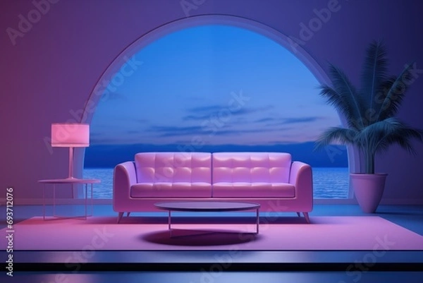 Fototapeta Indoor Escape: Retro 1980s Style, Comfy Sofa, and Atmospheric Lighting. Generative AI