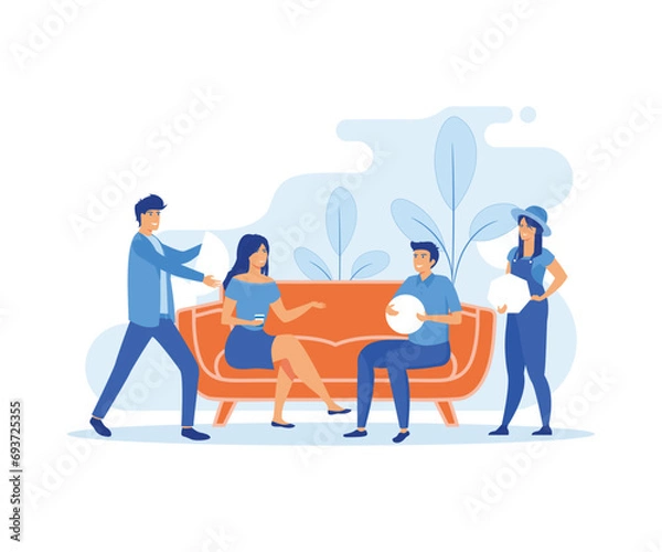 Fototapeta  People organize abstract geometric shapes scattered around them. flat vector modern illustration 