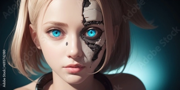 Obraz 顔の半分がアンドロイドと女性に分かれているイラスト,generative ai