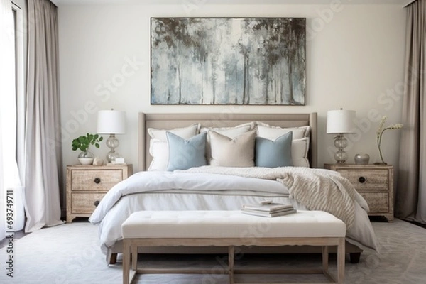 Fototapeta A tranquil shabby chic bedroom retreat adorned with distressed furniture and modern abstract art, creating a timeless and elegant atmosphere