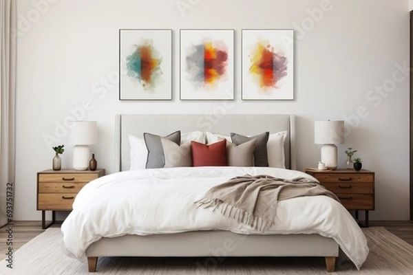 Fototapeta A bedroom with minimalist furniture, vibrant artwork, and a touch of industrial decor, creating a serene and stylish retreat, making it a personalized and comfortable space