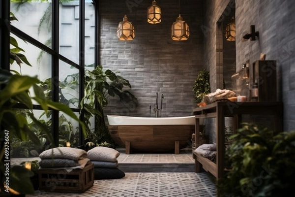 Fototapeta A bathroom with modern fixtures, an eclectic mix of tiles, and a cozy bench for added comfort